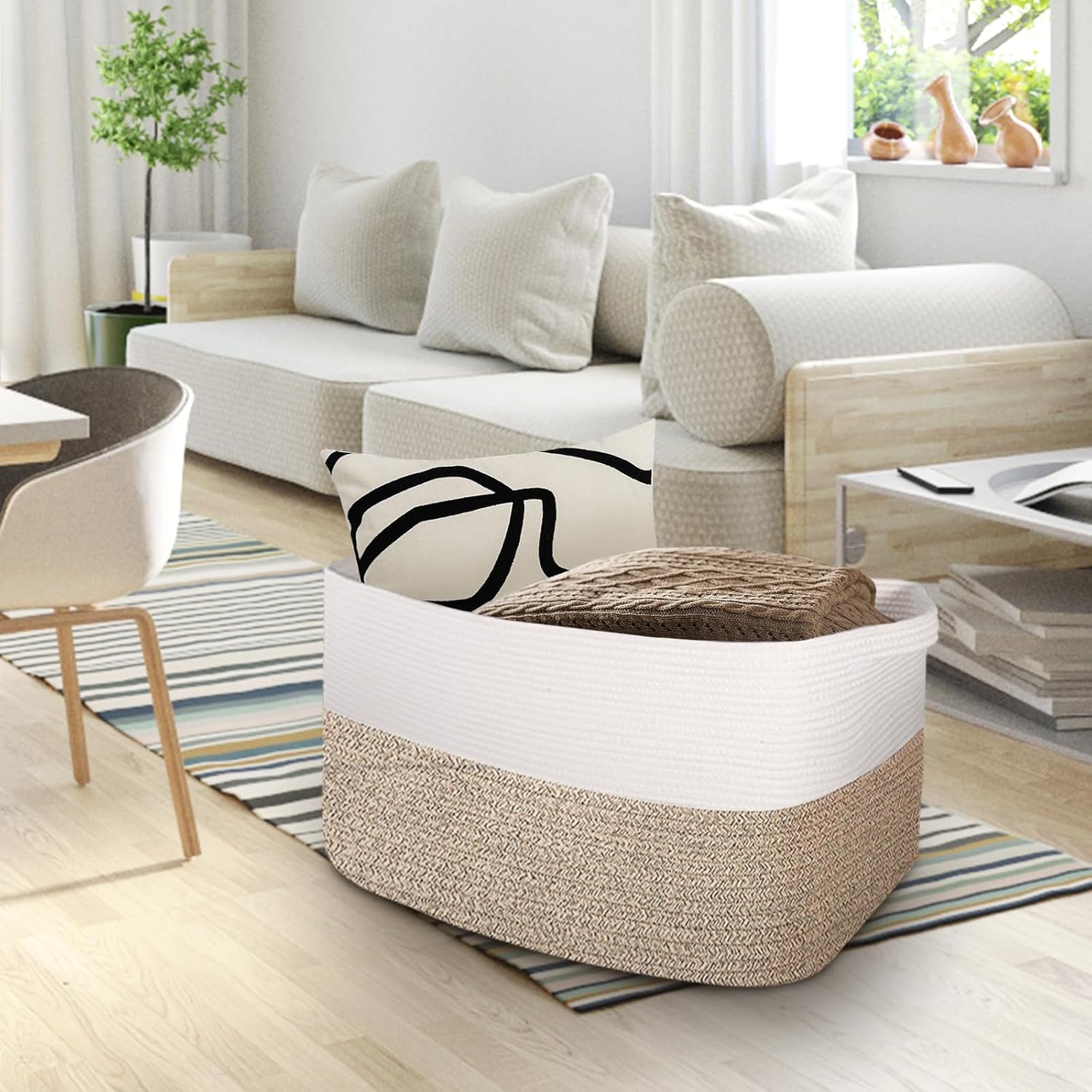 Cesta de cuerda extragrande, 22.8 x 14.9 x 11.8 pulgadas, cesta rectangular para manta para sala de estar, cesta organizadora de juguetes de tejido