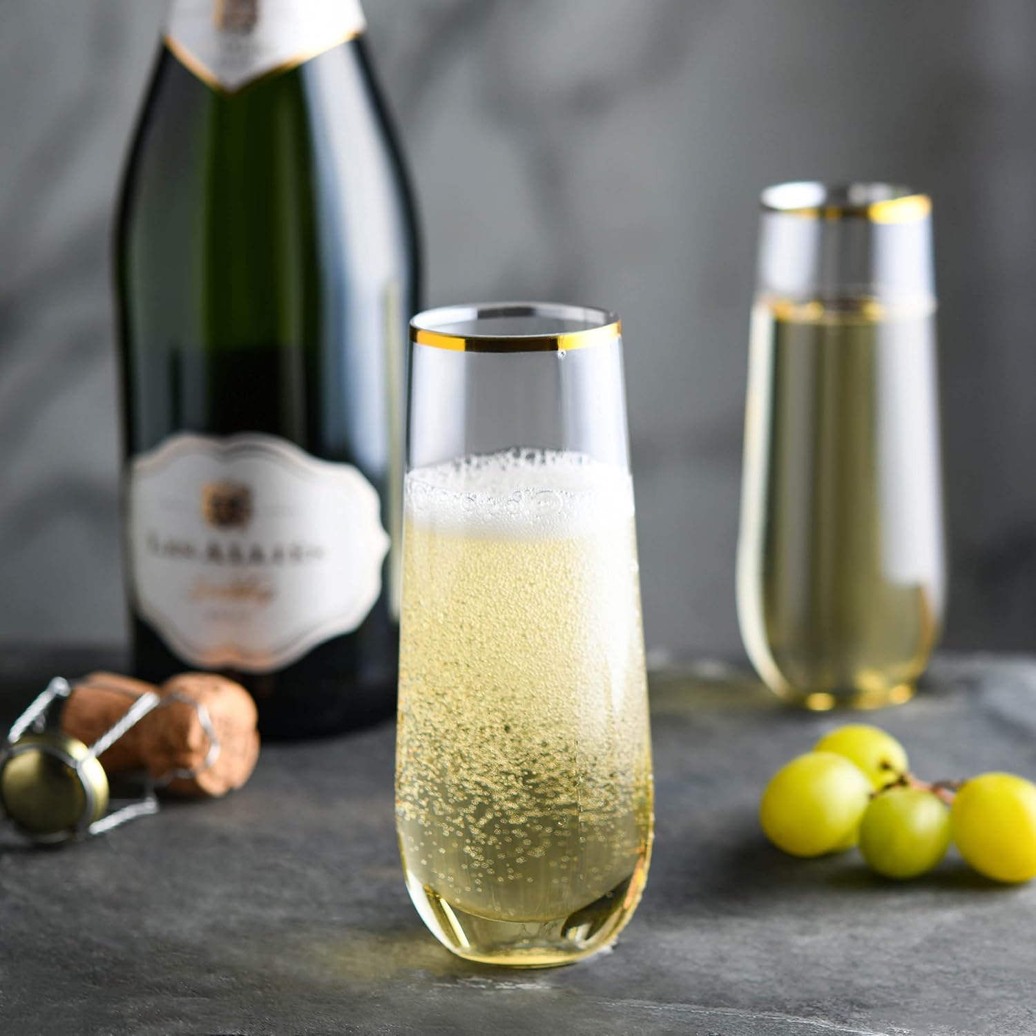 Paquete de 36 copas de champán de plástico sin tallo, vidrio transparente de 9 onzas con elegante borde dorado, vasos desechables para vino,