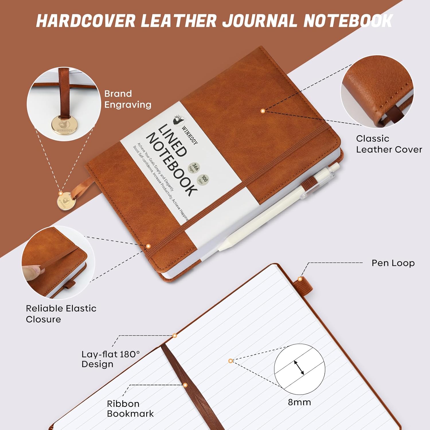 Cuaderno de diario rayado, 366 páginas, diarios de tapa dura de cuero para escribir grueso A5, cuaderno clásico con rayas universitarias con lazo