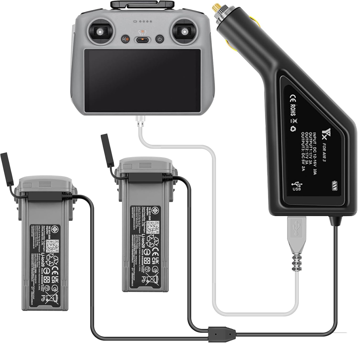 Hanatora Cargador de coche de batería 3 en 1 para DJI Air 3 Drone, accesorios de concentrador de carga rápida de 12 V