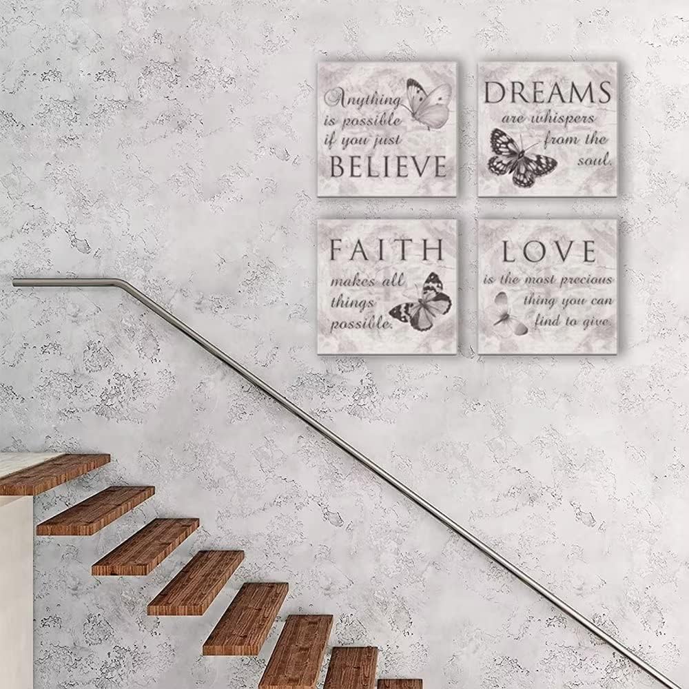HDQ Art Lienzo inspirador familiar de mariposas en blanco y negro con citas de amor, sueño, fe, creer, baño, oficina, decoración de pared, pósteres