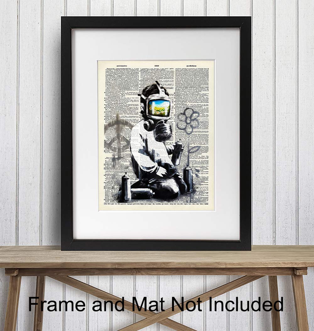 Banksy Gas Mask Graffiti Street Art Mural – Contemporary Dictionary Art, Home Decor – Upcycled Wall Art Print, Poster – Unique Room Decorations –