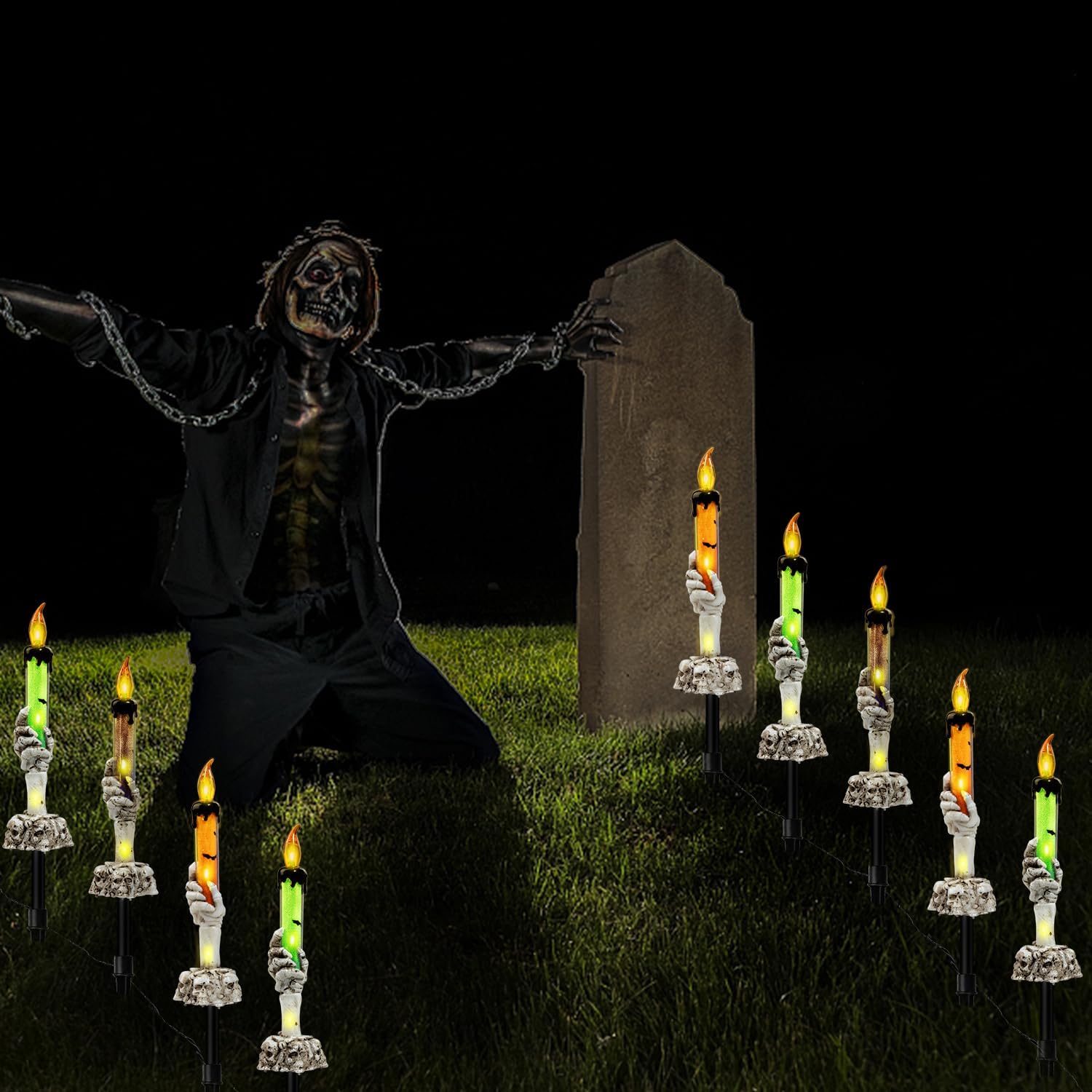 Decoración de luces de jardín de Halloween, paquete de 5 velas de mesa con mano de fantasma de esqueleto, estacas iluminadas para patio para