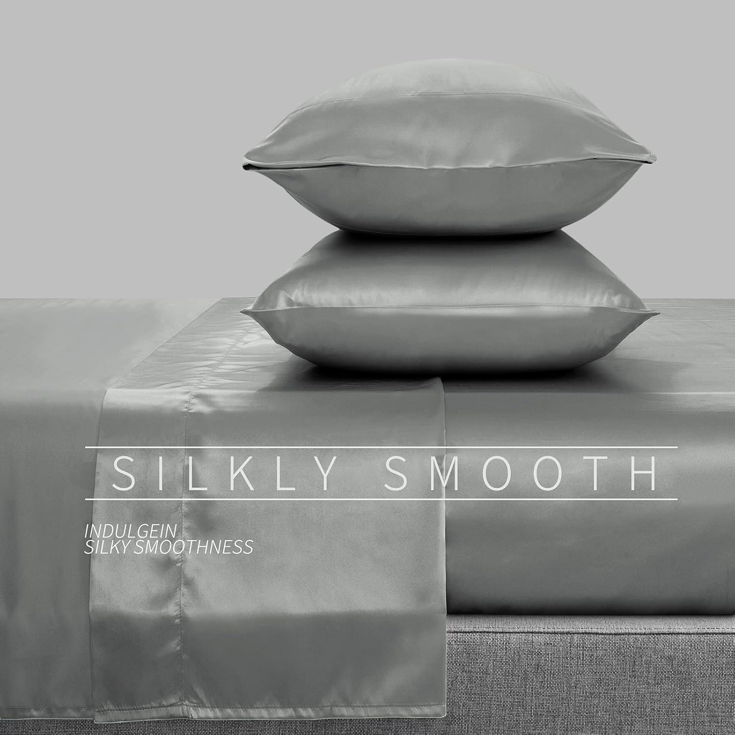 Juego de sábanas de lujo de 3 piezas, sábanas de satén transpirables, sábanas de cama individual gris claro con 1 sábana bajera de bolsillo