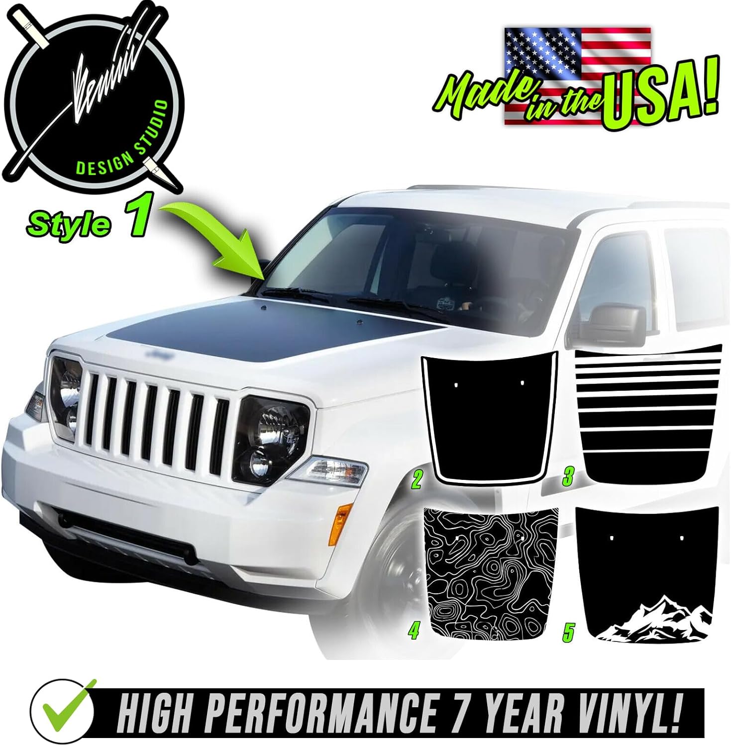 Calcomanía de vinilo con diseño de rayas opacas con diseño de rayas negras o negras compatibles con Jeep Liberty 2008-2014 (estilo 5, negro