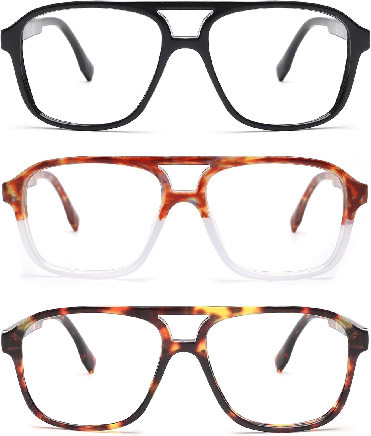 JM Paquete de 3 lentes de lectura de aviador de gran tamaño para mujeres y hombres, retro cuadrados con luz azul para lectura de computadora