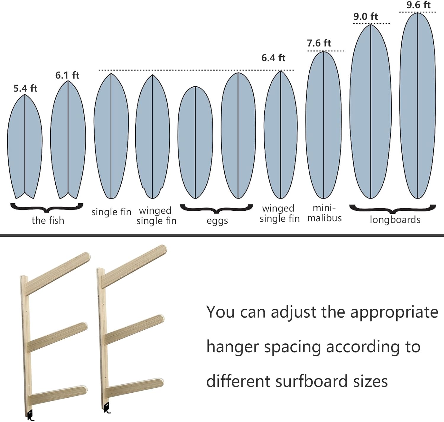 Stranthother Soporte de pared para tabla de surf, 3 tablas de surf, soporte de madera maciza para tablas de surf, soportes de tabla de surf para