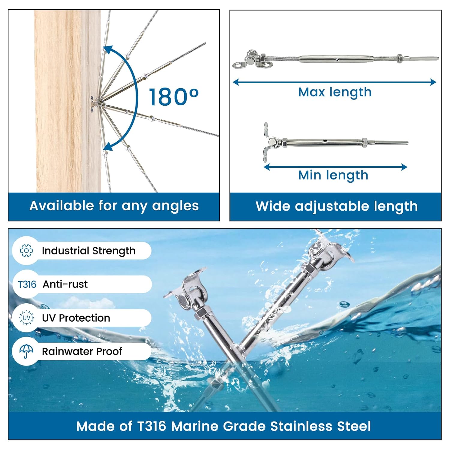 Muzata Kit de barandillas de cable de 18 pulgadas, accesorios de tensor de palanca de ajuste de acero inoxidable T316 para poste de madera, ángulo