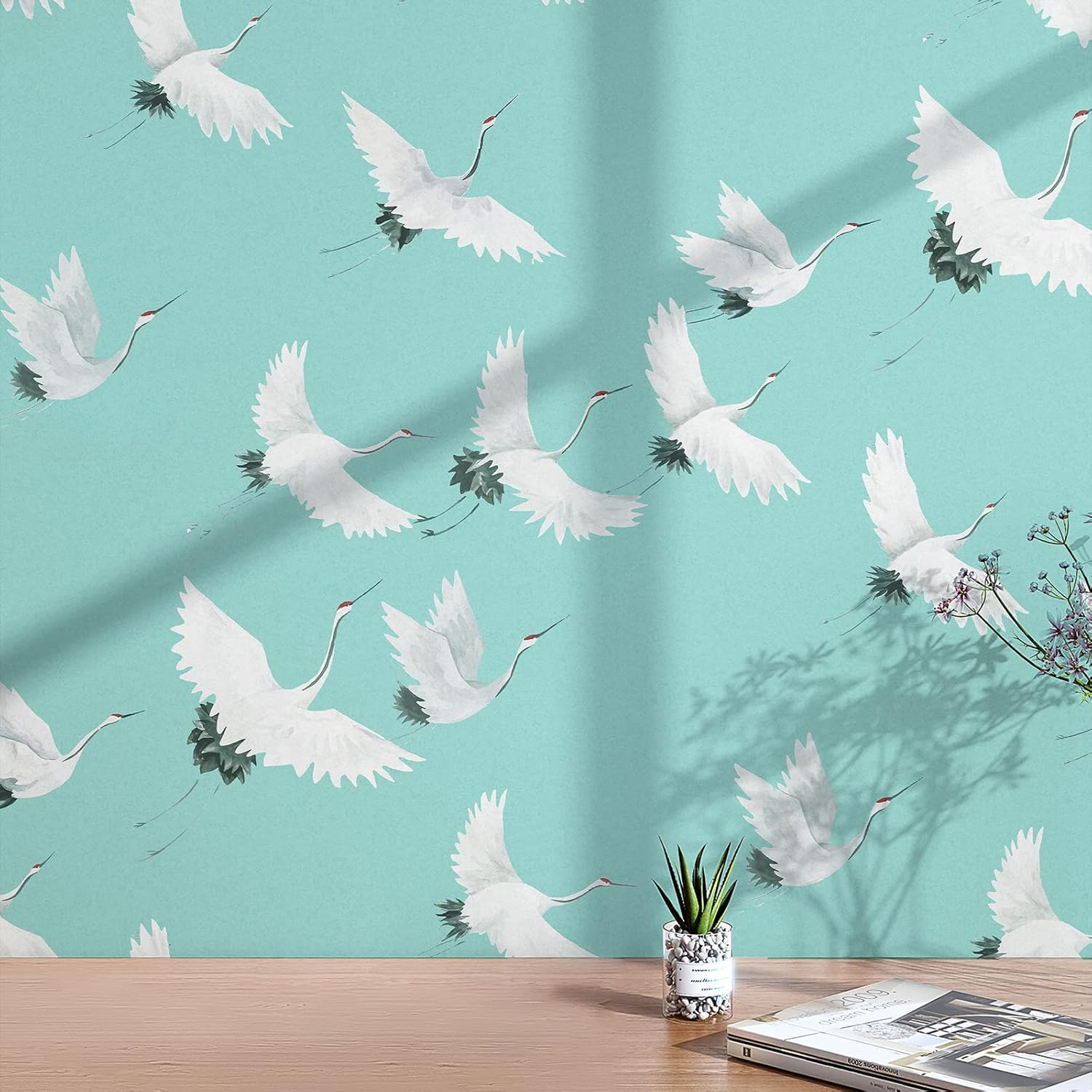 Papel tapiz azul para despegar y pegar, papel tapiz japonés verde de 118 x 17.3 pulgadas, papel tapiz para dormitorio, cocina, baño