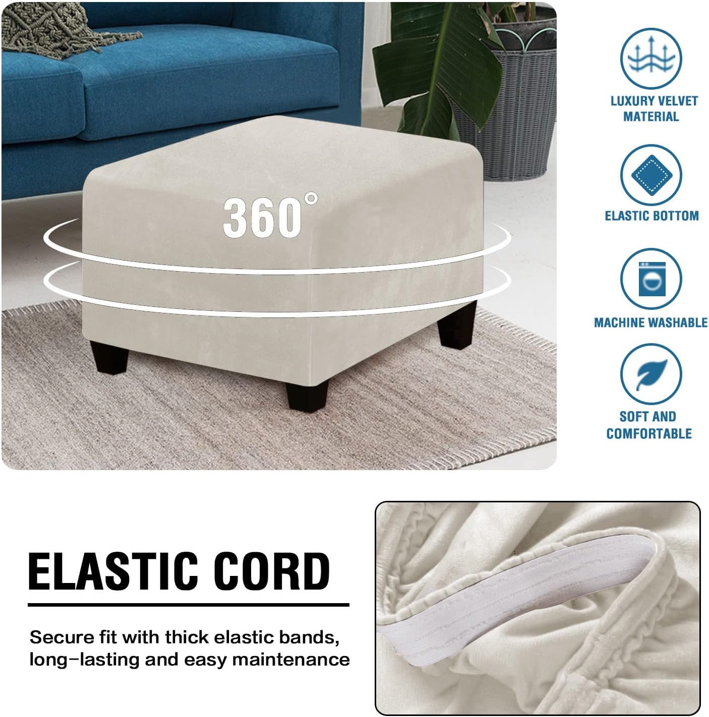 Funda otomana de terciopelo, fundas elásticas para reposapiés, funda de felpa para taburetes de pies, fundas de sofá extraíbles para reposapiés,