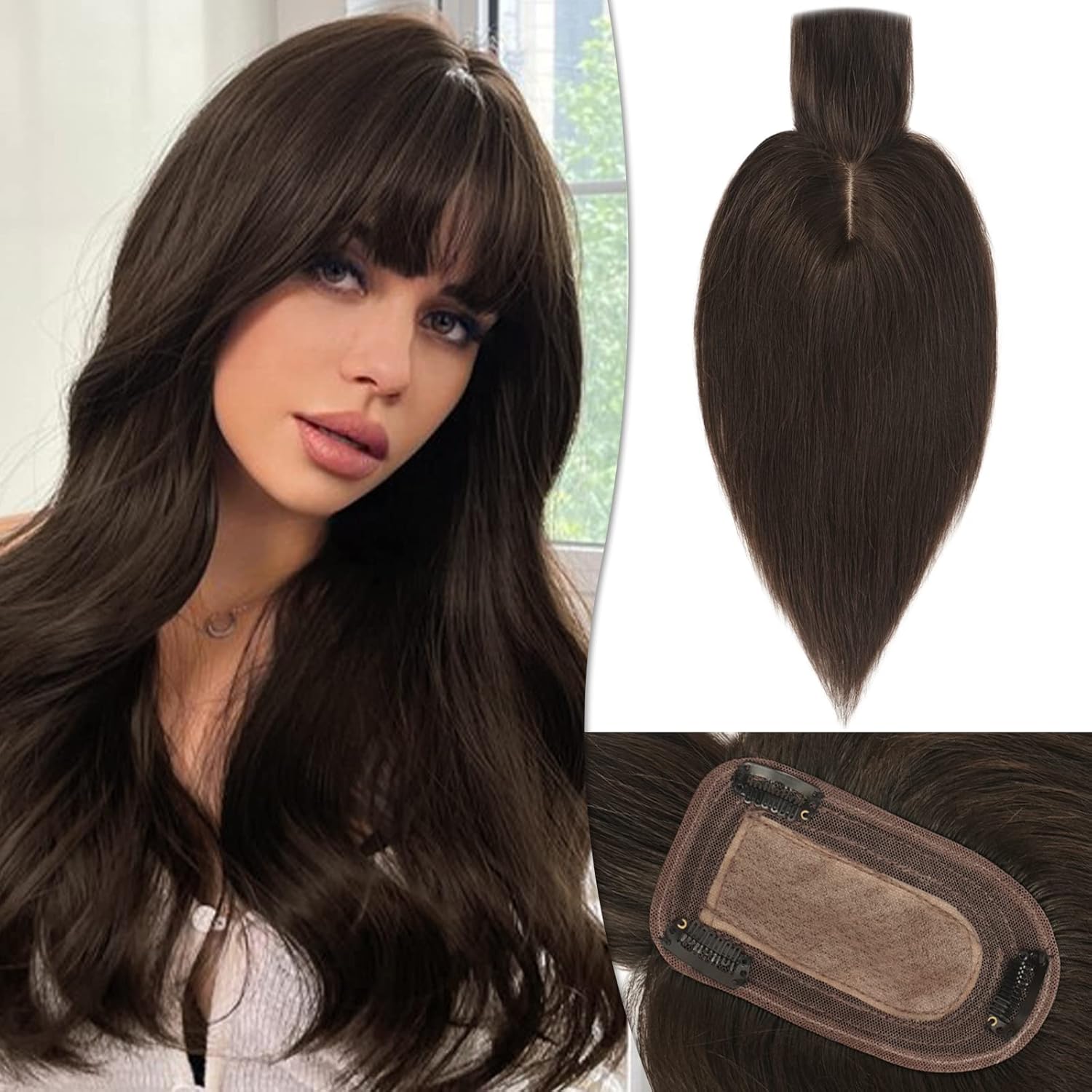 RUWISS Decoración de cabello humano con flequillo, corona, piezas de cabello para mujer, peluca corta para cabello fino, 3.0 x 5.1 in, base de seda,