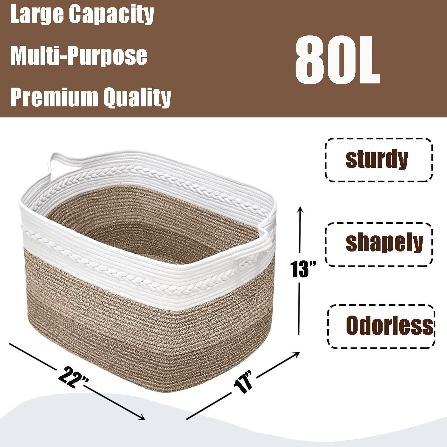 Cesta de almacenamiento extragrande, cesta de lavandería de 80 litros con asas, cesta de cuerda tejida de 22 x 17 x 13 pulgadas, cesta de