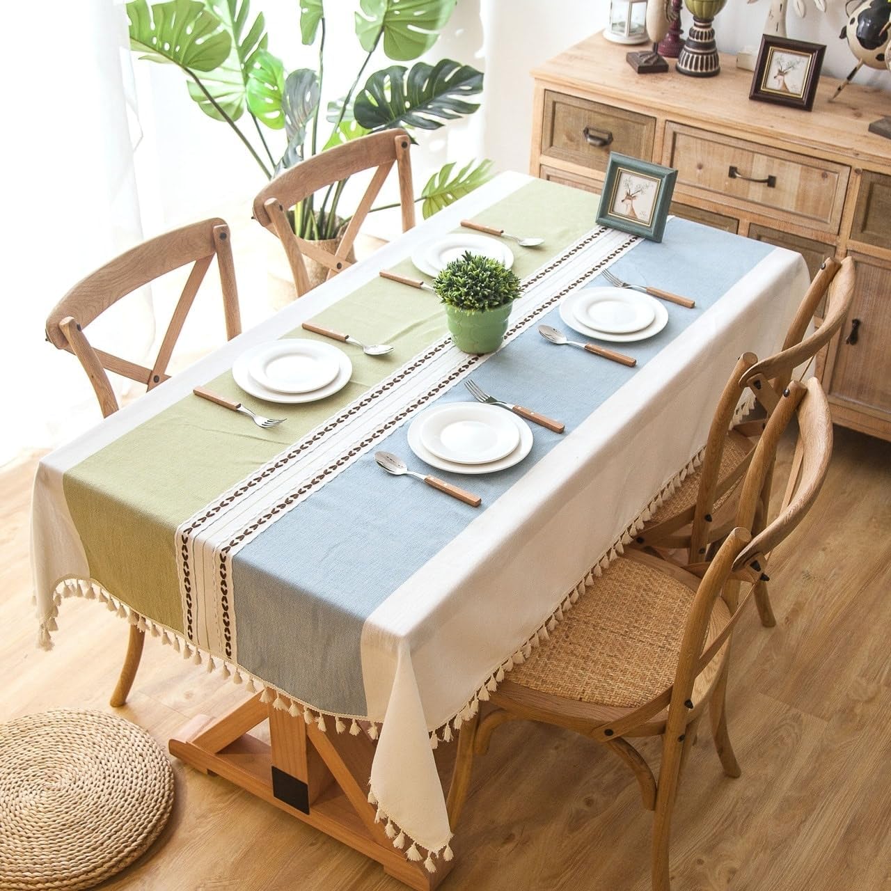 ENOVA HOME Elegante mantel rectangular grueso de algodón y lino con borlas, a prueba de polvo, para decoración de mesa de cocina y comedor (gris