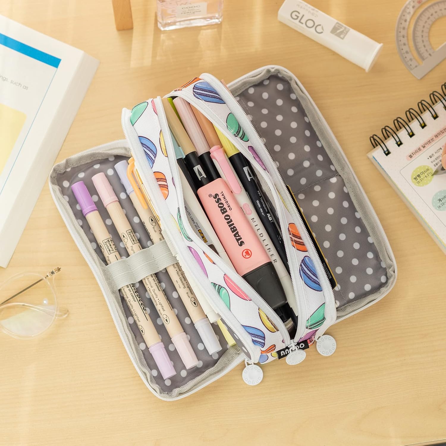 ANGOOBABY Estuche grande de gran capacidad, 3 compartimentos, de lona, para adolescentes, niños, niñas, estudiantes escolares (macarrón blanco)