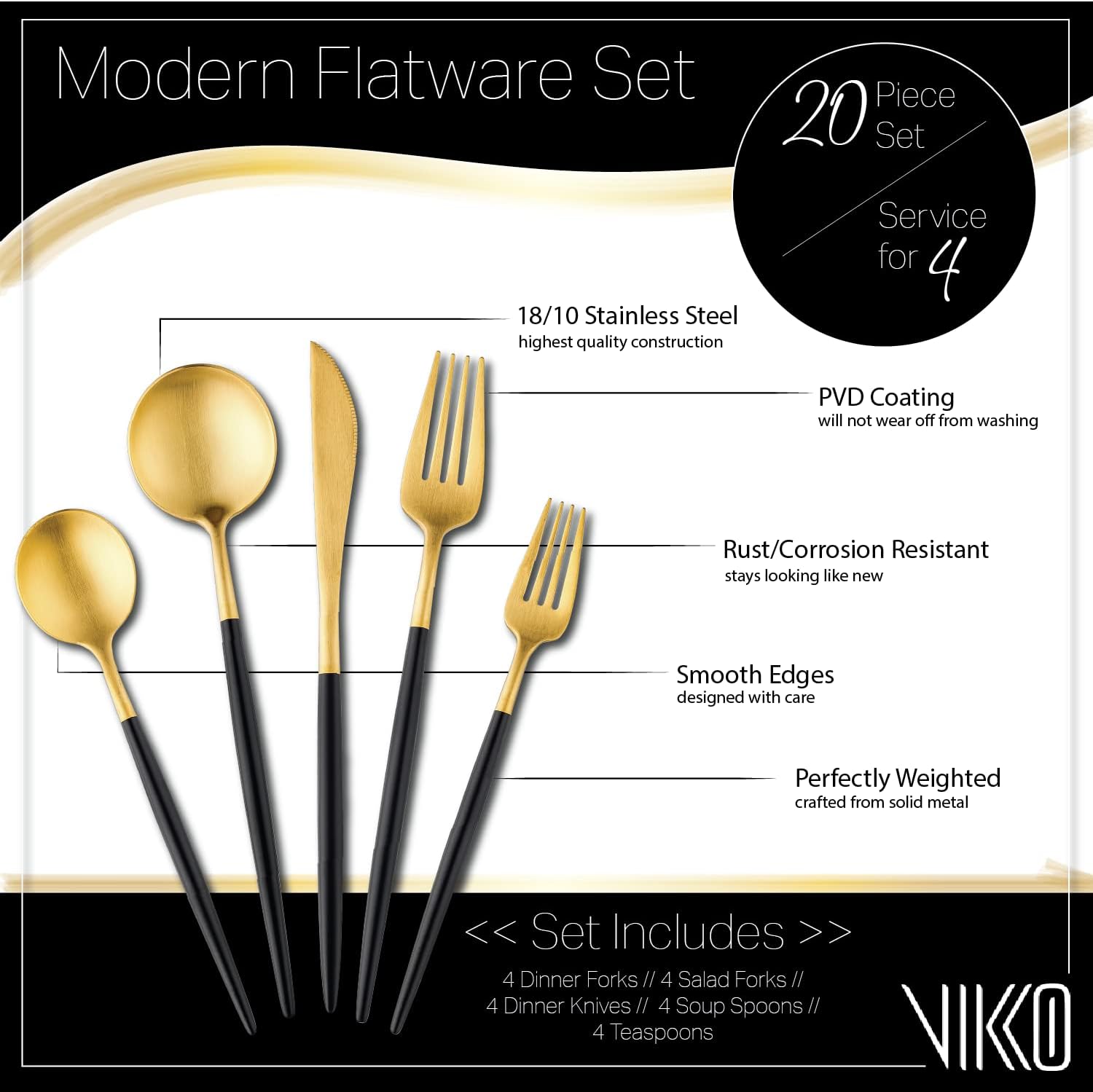 Vikko Decor Modern – Juego de cubiertos negros y dorados, acero inoxidable 1810, elegantes cubiertos de mango largo, cubiertos de dos tonos para