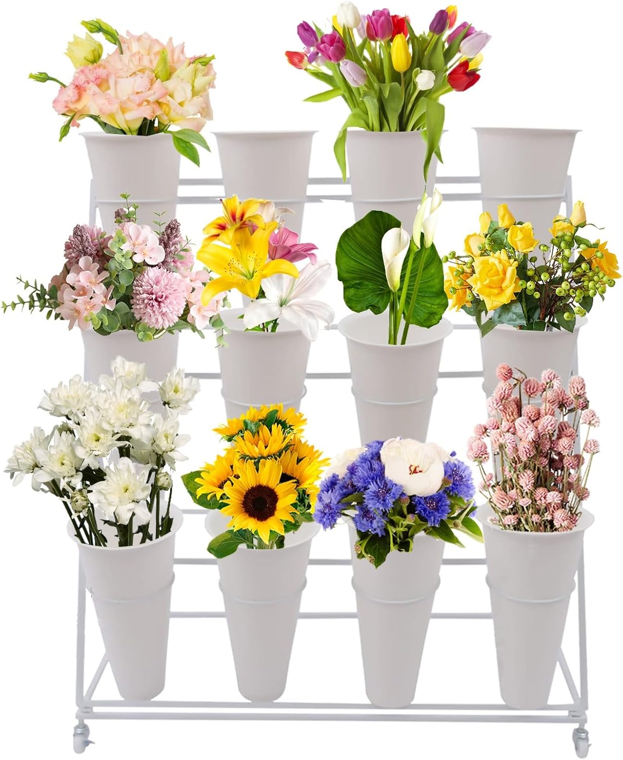 Soporte de exhibición de flores con ruedas, soporte para plantas de hierro para interiores y exteriores, 3 capas de 12 barriles, soporte de