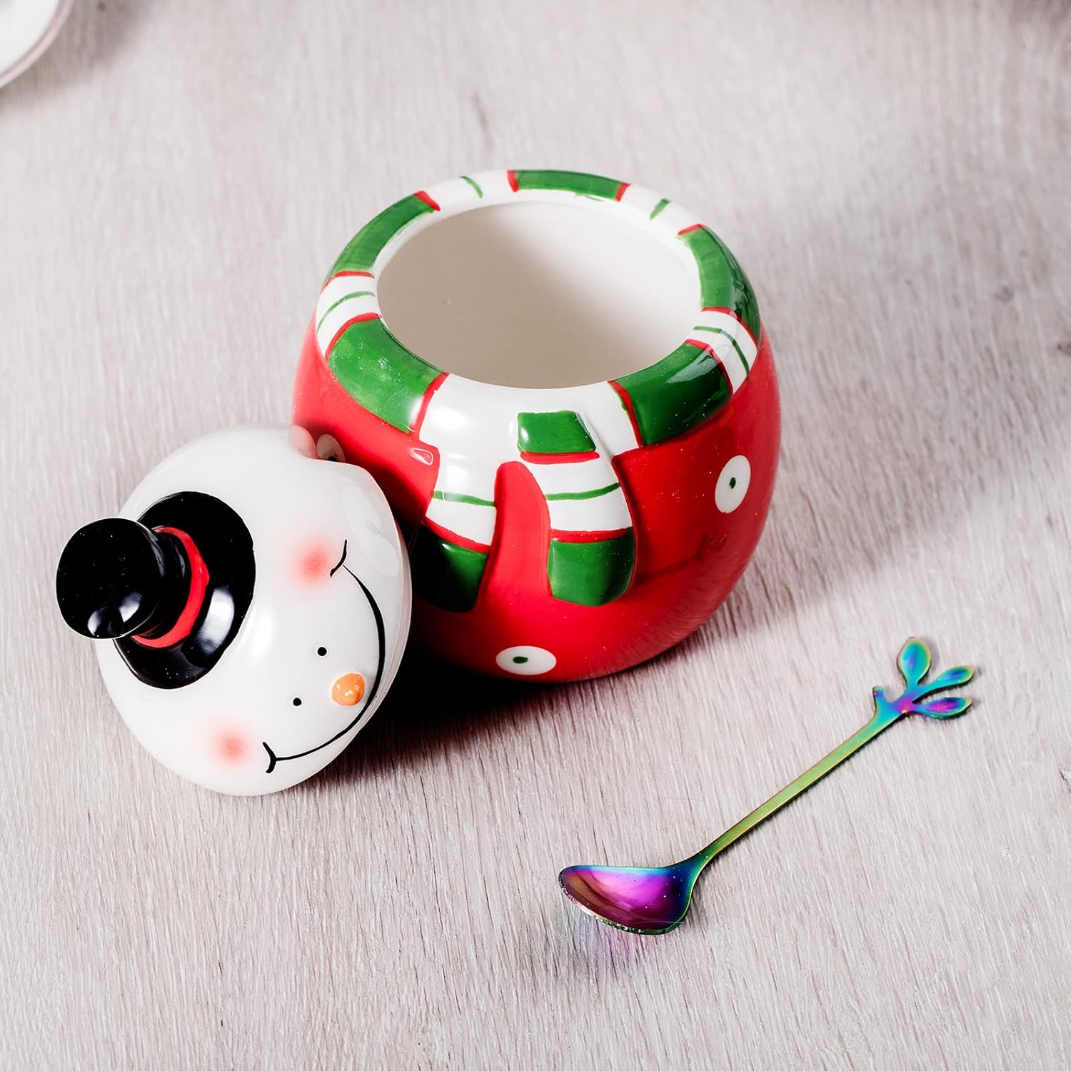 Azucarero de cerámica con tapa y cuchara, elegante recipiente para azúcar con bonito diseño de muñeco de nieve navideño, decoraciones navideñas,