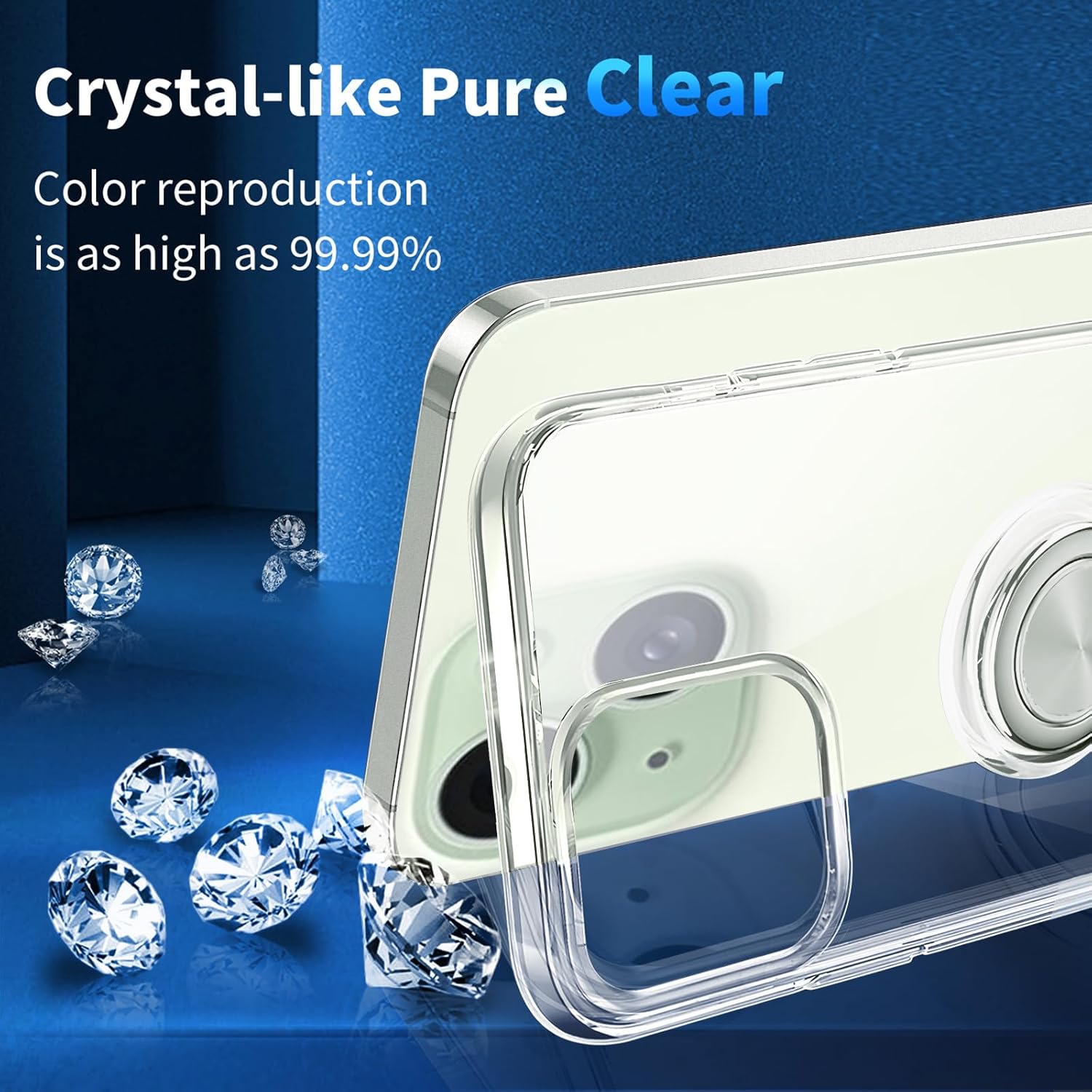 Funda transparente para iPhone 15 Plus con soporte de anillo de 360 con soporte de anillo de 360, transparente, delgada, ligera, antiamarillamiento,