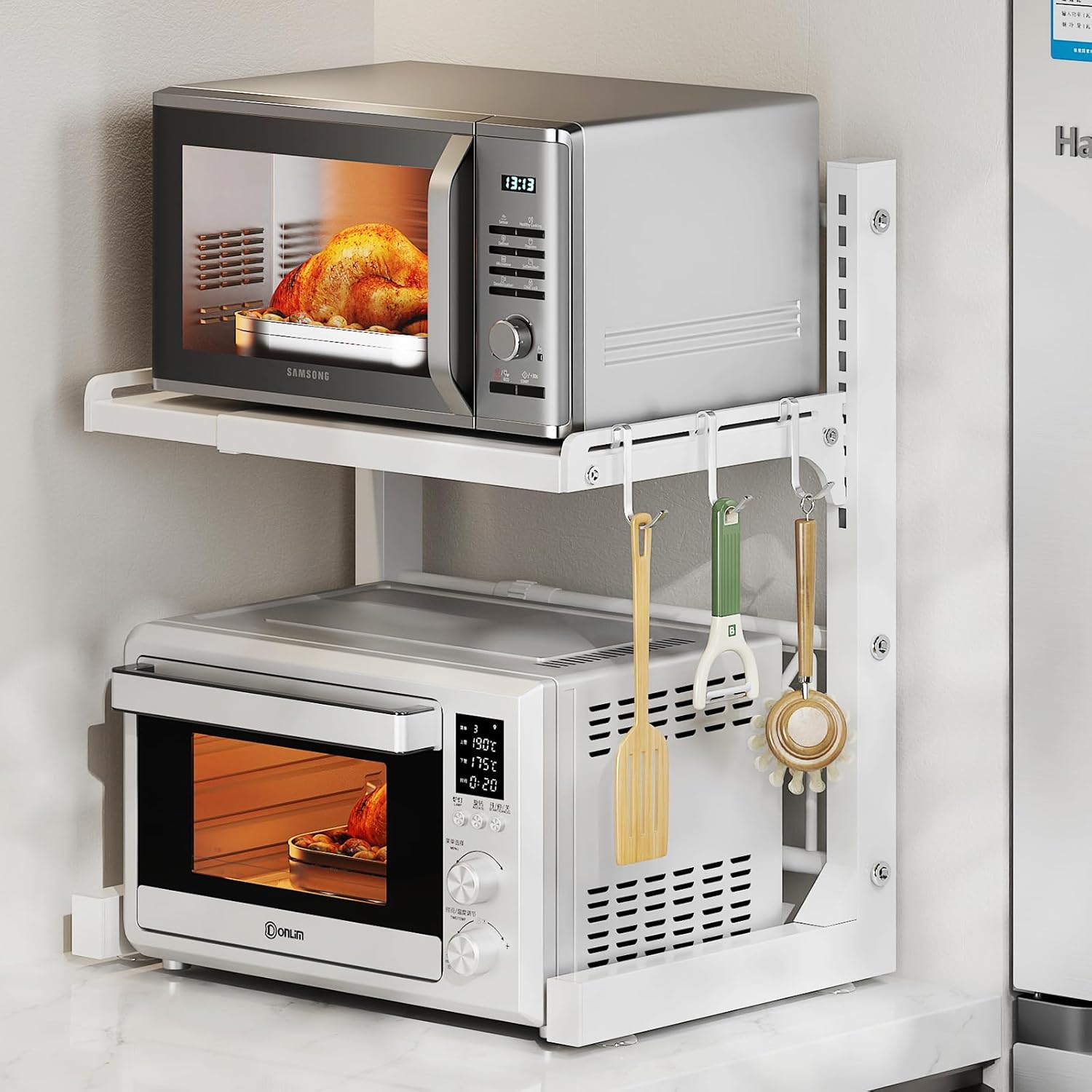 Estante de metal expandible para horno de microondas, suministros de cocina, almacenamiento de vajilla de acero inoxidable al carbono, soporte para