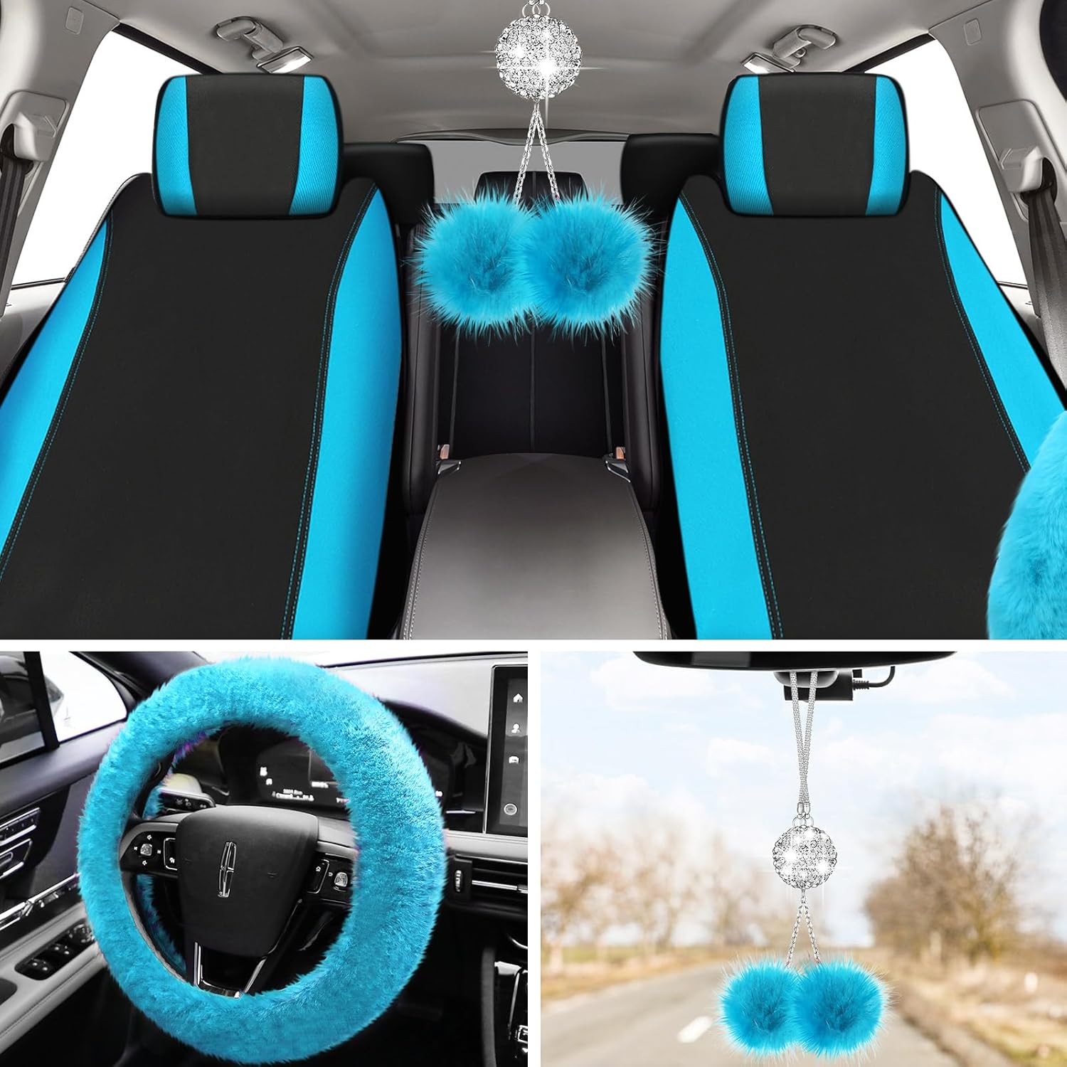 Juego completo de 17 fundas de asiento de automóvil para mujer, ajuste universal, fundas de asiento delantero y trasero, fundas esponjosas de forro