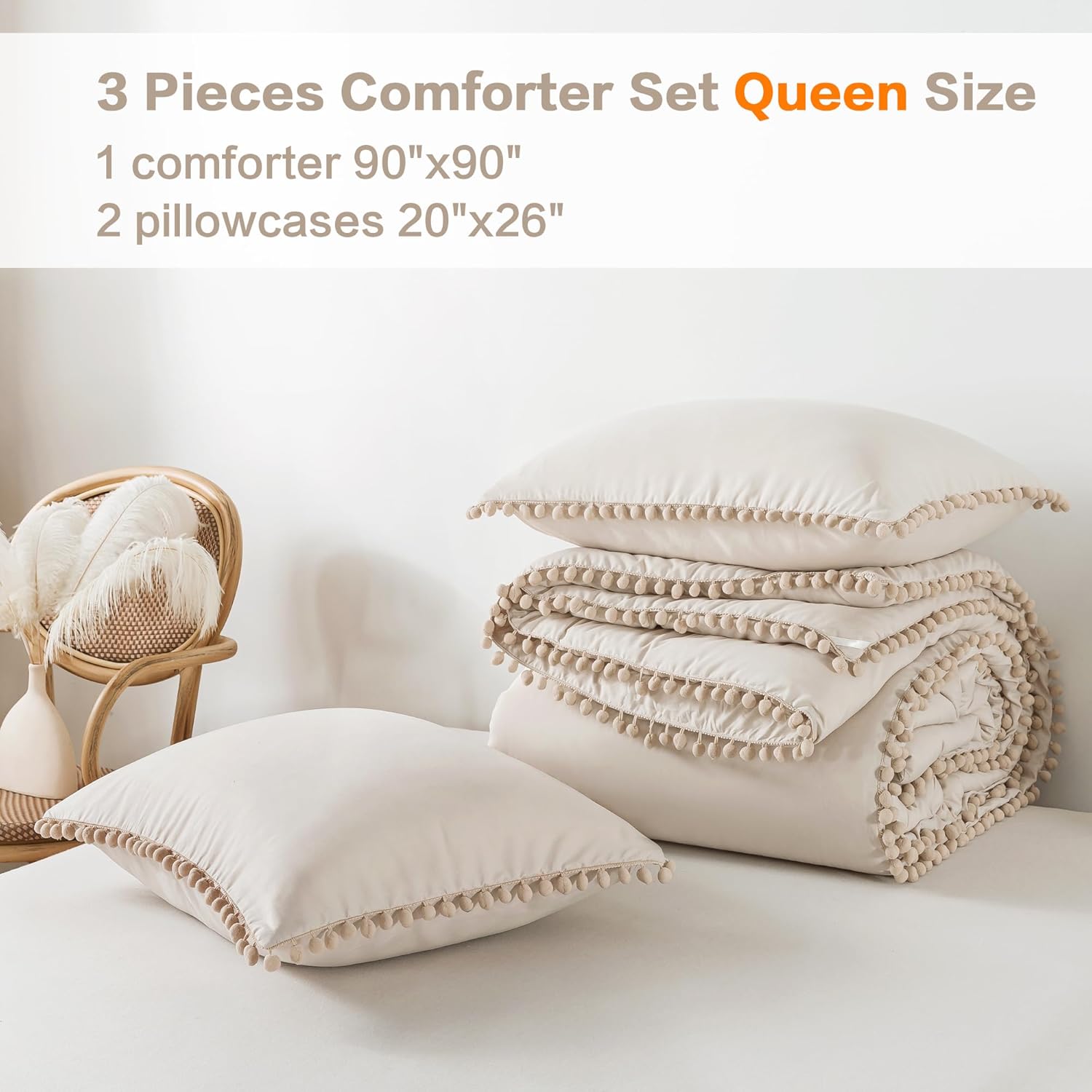 Litanika Juego de edredón de tamaño Queen beige, 3 piezas beige bohemio con pompones, ropa de cama ligera para todas las estaciones (1 edredón de 90