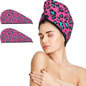 IMPCOKRU Envolturas para el cabello (paquete de 2) para poliéster brocado coral, toalla de pelo de secado rápido de leopardo rosa, súper absorbente IMPCOKRU Envolturas para el cabello (paquete de 2) para poliéster brocado coral, toalla de pelo de secado rápido de leopardo rosa, súper absorbente