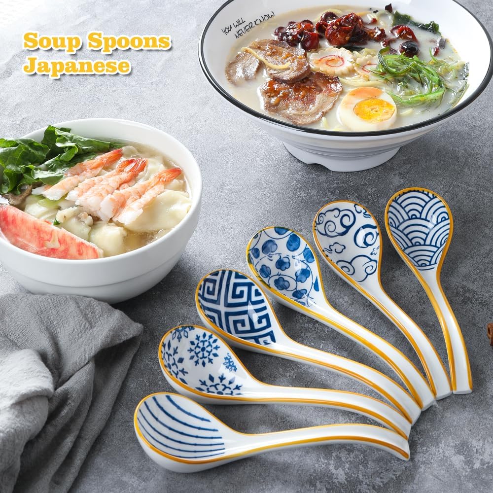 Juego de 6 cucharas de sopa, bolas de masa para sopa asiática, juego de cucharas japonesas con fondo antideslizante para ramen, wonton chino,