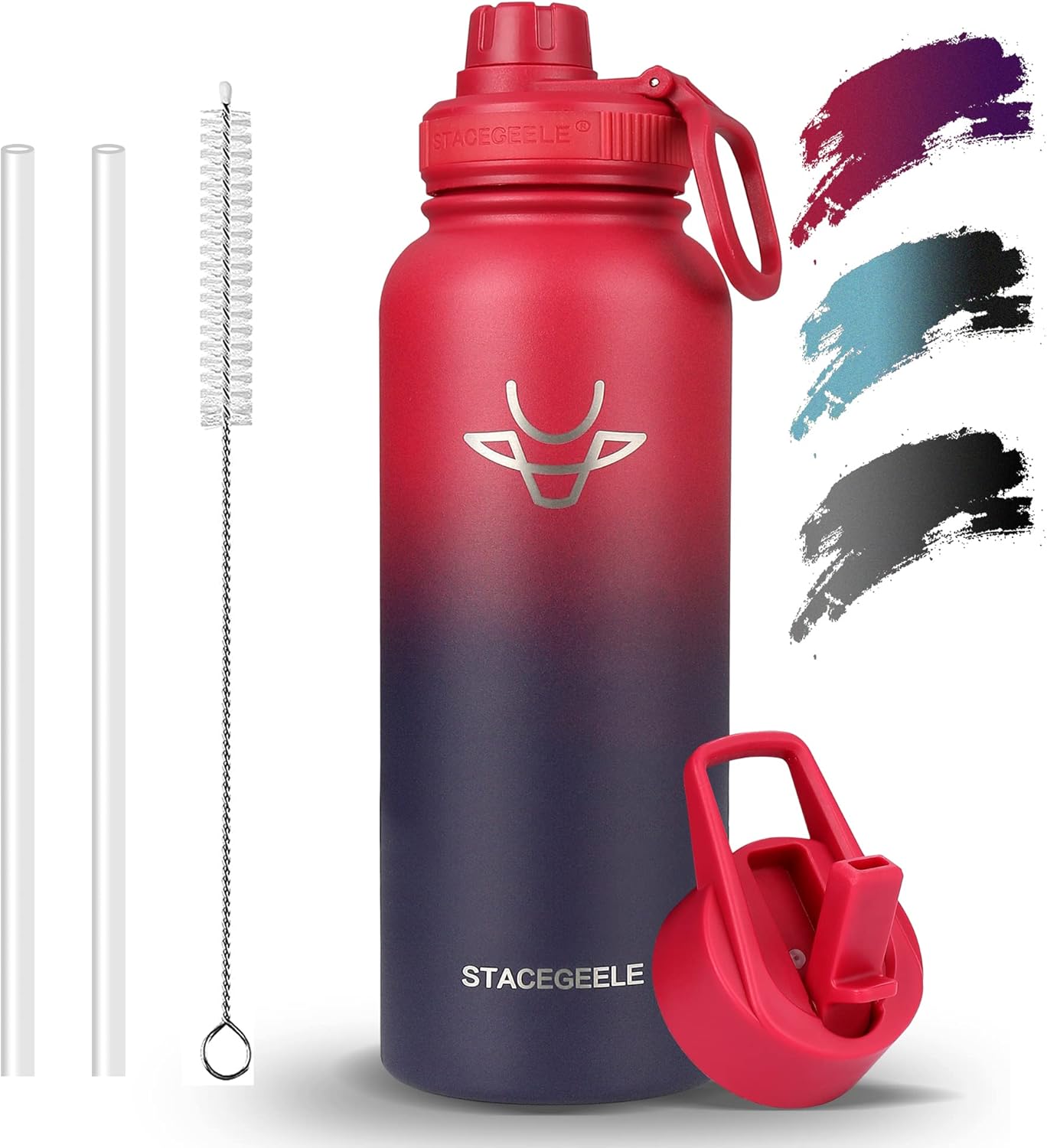 STACEGEELE Botella de agua aislada de 40 onzas con pajilla, botella de agua de acero inoxidable 188 con 2 tapas, botella de agua de metal, termo