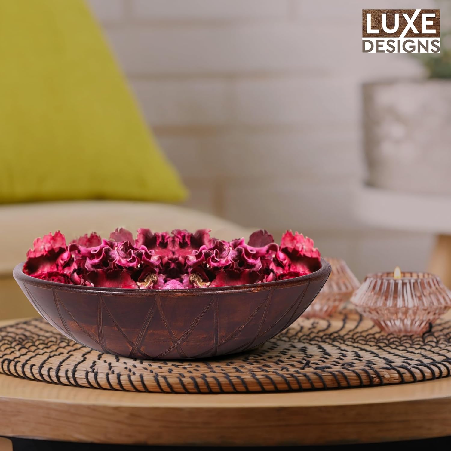 Luxe Designs Cuenco decorativo redondo de madera de 12 pulgadas, frutero de madera para encimera de cocina, cuenco de madera de acacia hecho a mano,