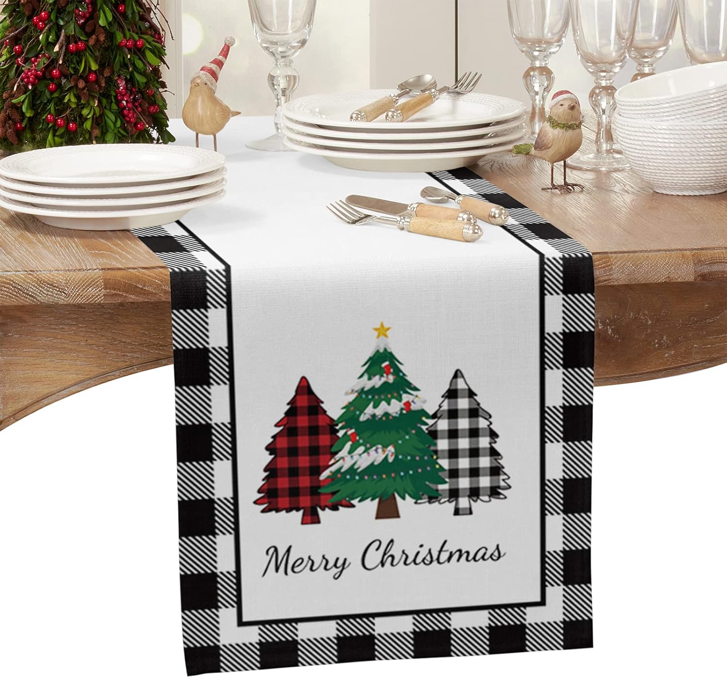 Camino de mesa de árbol de búfalo de Navidad de 13 x 36 pulgadas, camino de mesa de búfalo negro y blanco a cuadros, bufandas antideslizantes para