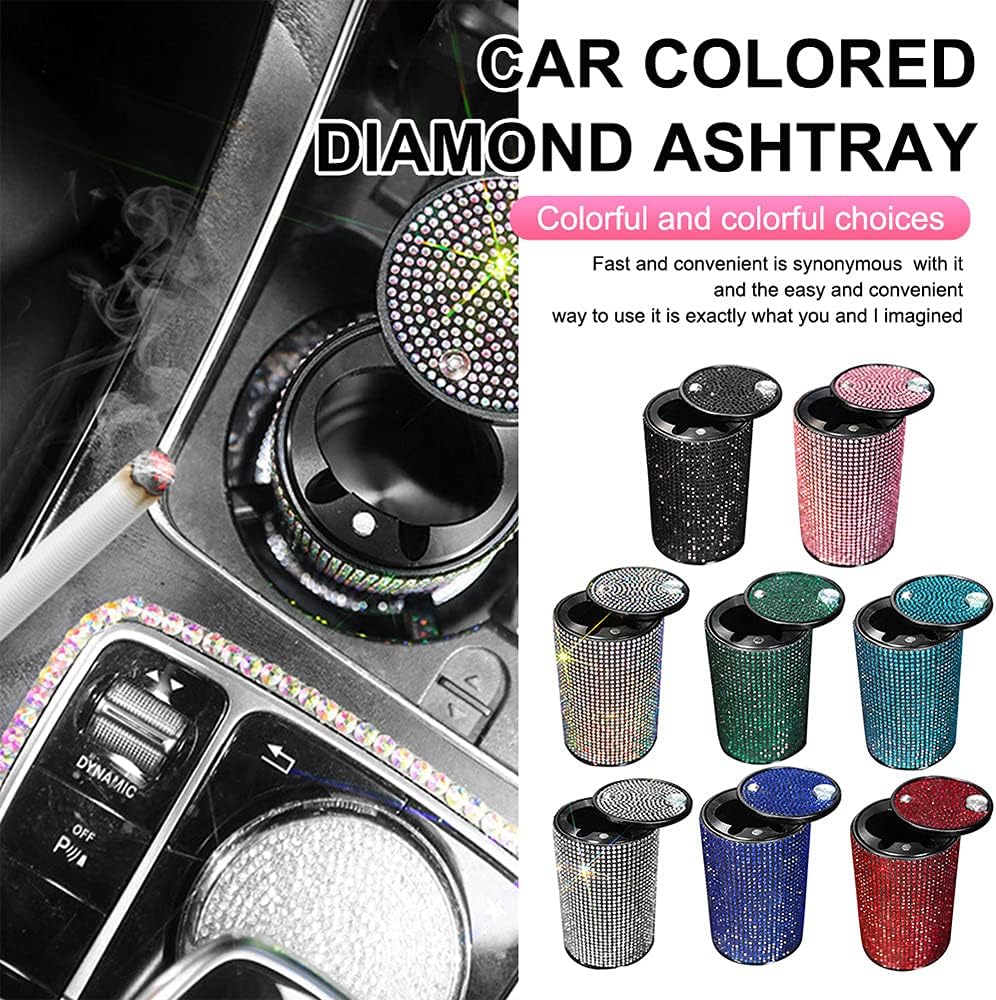 Cenicero de cigarrillos de automóvil con diamantes brillantes portátil con tapa, a prueba de olores, cenicero de automóvil con diamantes de cristal