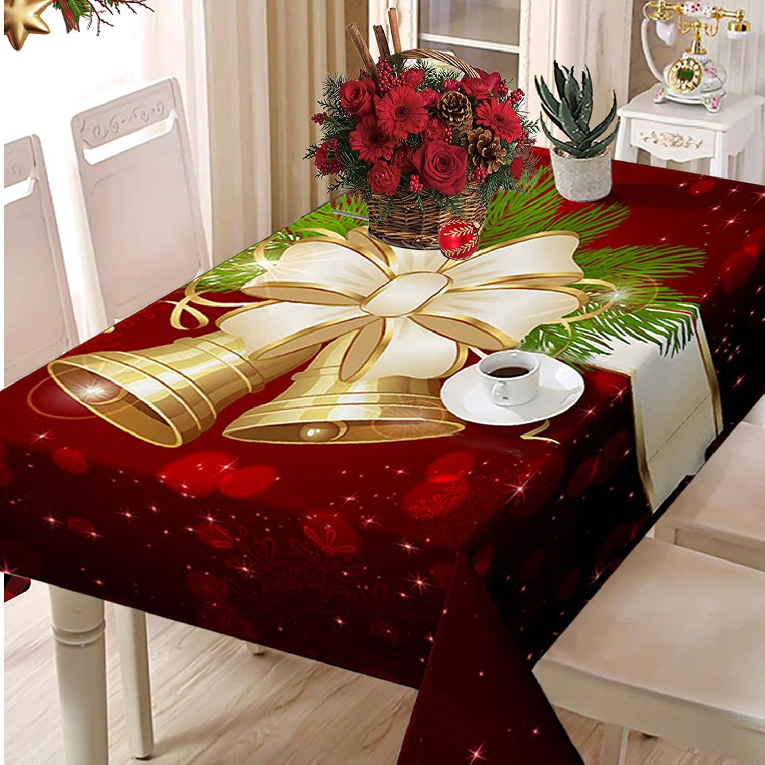 Mantel de Navidad rectangular con campanas de Navidad, resistentes al agua, resistente a las manchas, mantel de poliéster lavable para cena de