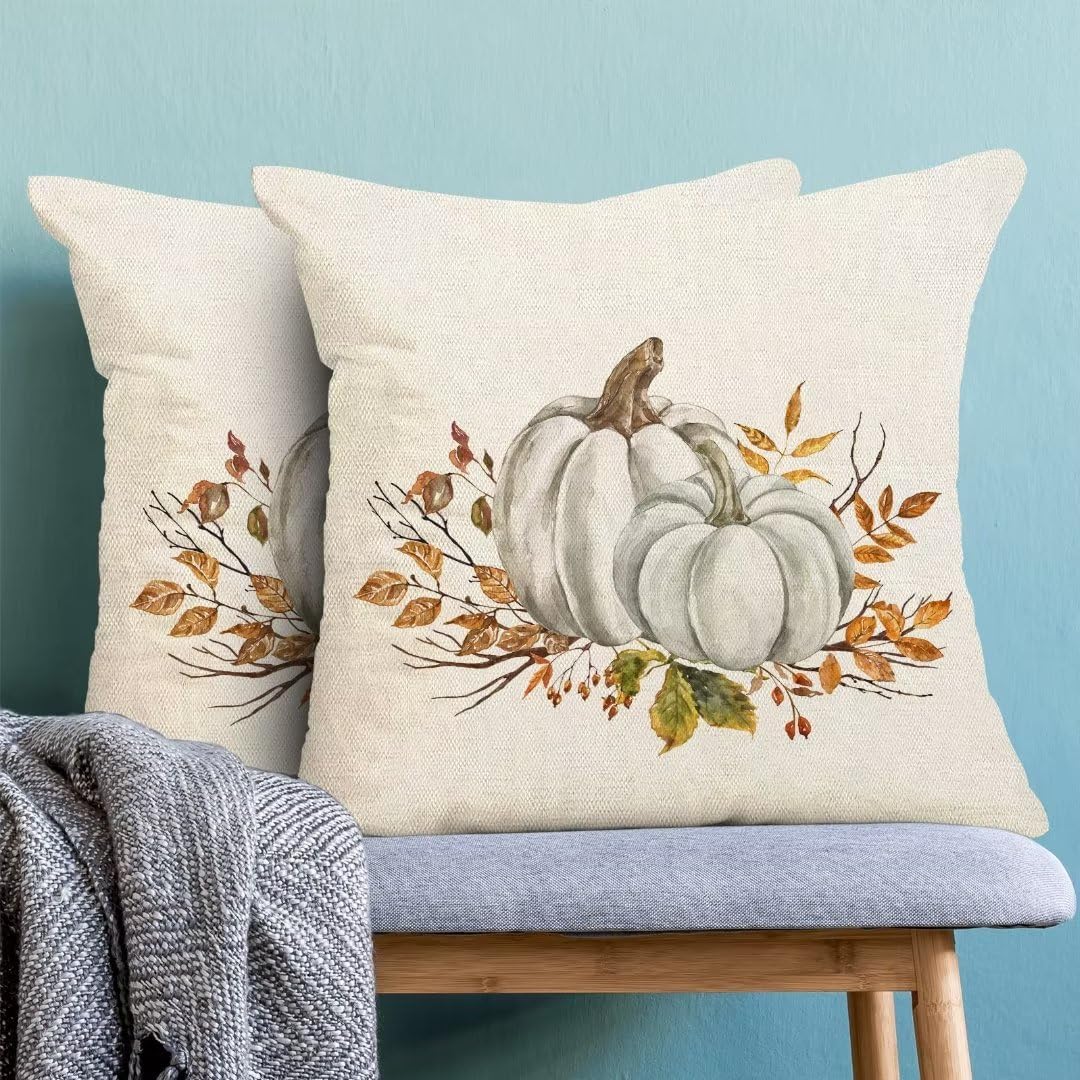 Juego de 2 fundas de almohada de otoño de 18 x 18 pulgadas, calabazas blancas y grises, flores naranjas, fundas de almohada de cosecha de Acción de
