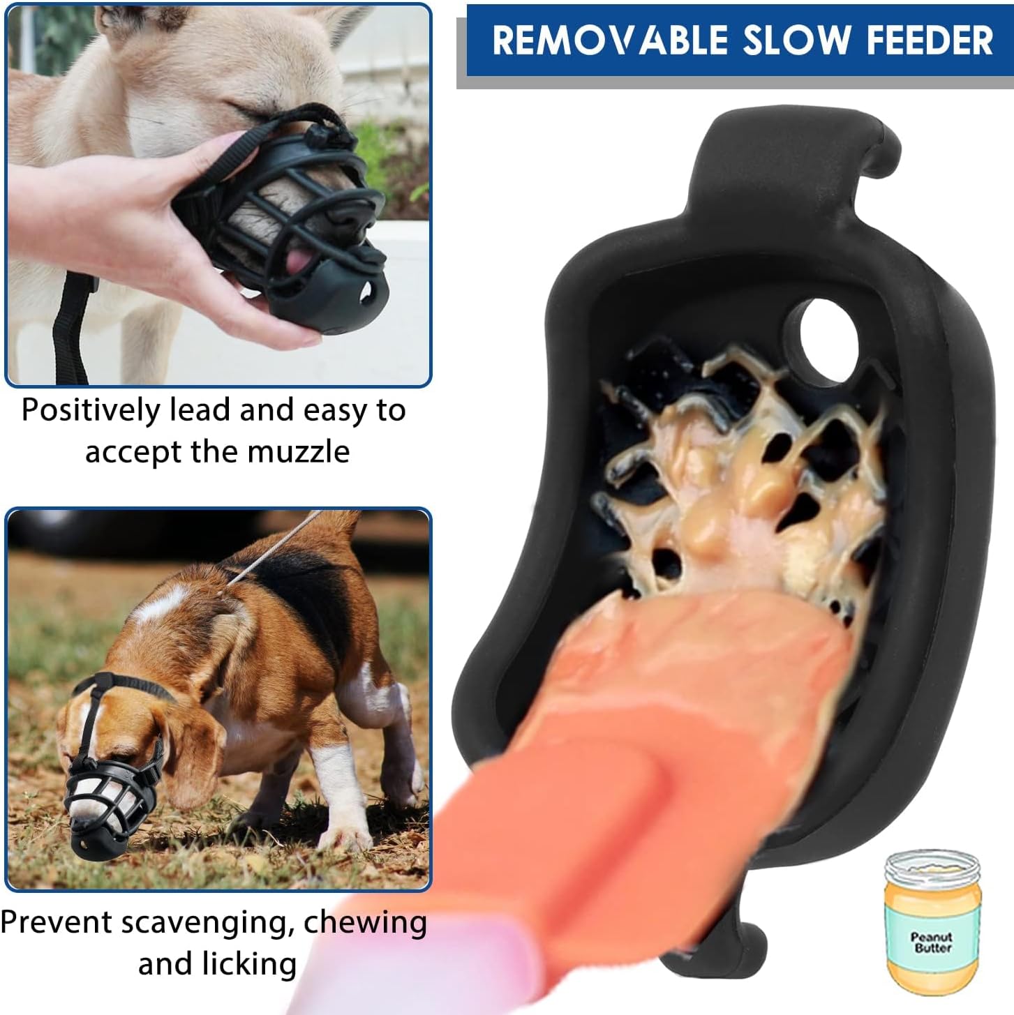 Bozal para perro con alimentador lento para entrenamiento positivo, antimordeduras, masticación y lamer heridas, bozal suave y humano para perros