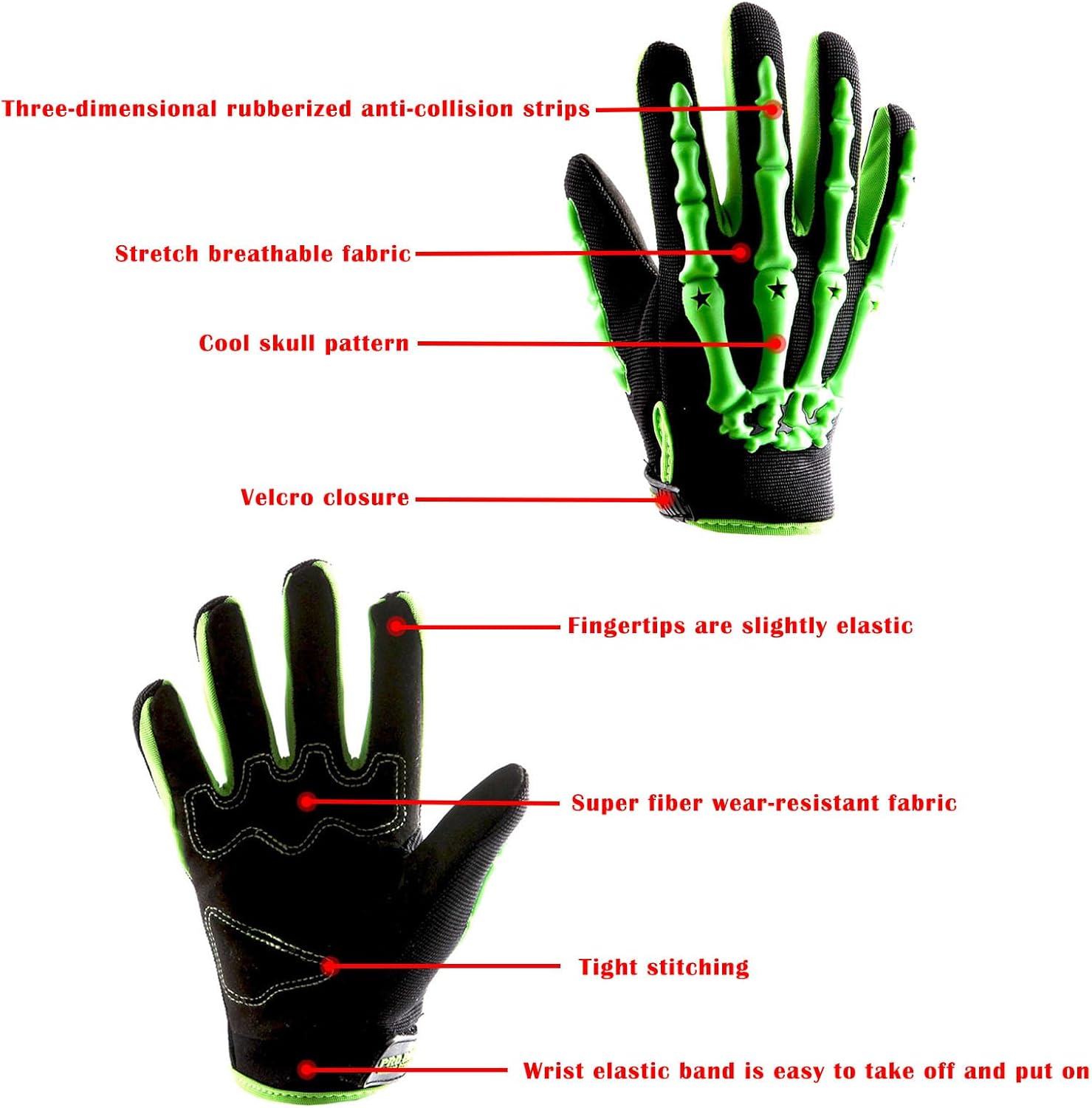 Guantes juveniles de motocross, para motocicletas, BMX, MX, ATV motocicletas todoterreno, bicicletas, modelo de esqueleto para niños, color verde