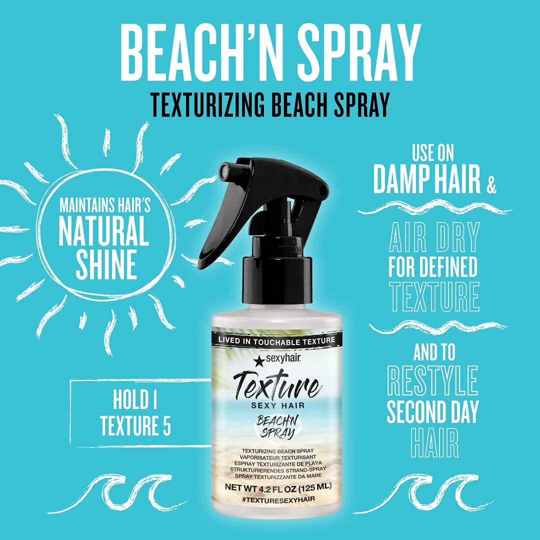 SexyHair Texture Beach’n Spray – Spray texturizante para playa, 4.2 onzas, mantiene el brillo natural, hasta 24 horas de resistencia a la humedad,