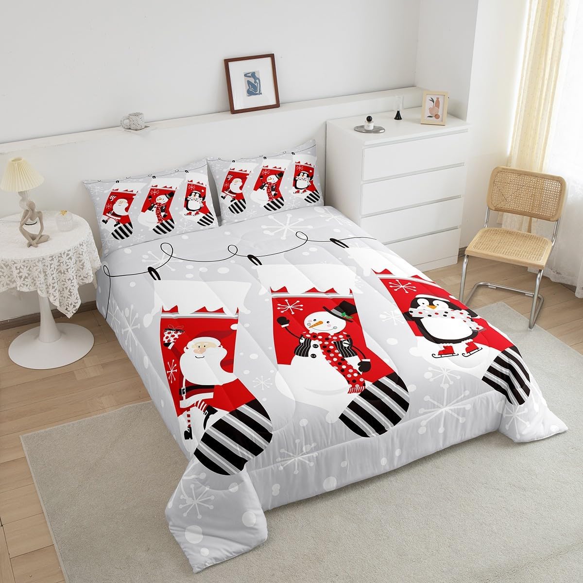 Erosebridal Juego de edredón de calcetines de Navidad para niños, juego de edredón de Papá Noel, ropa de cama de Navidad, muñeco de nieve, pingüino,