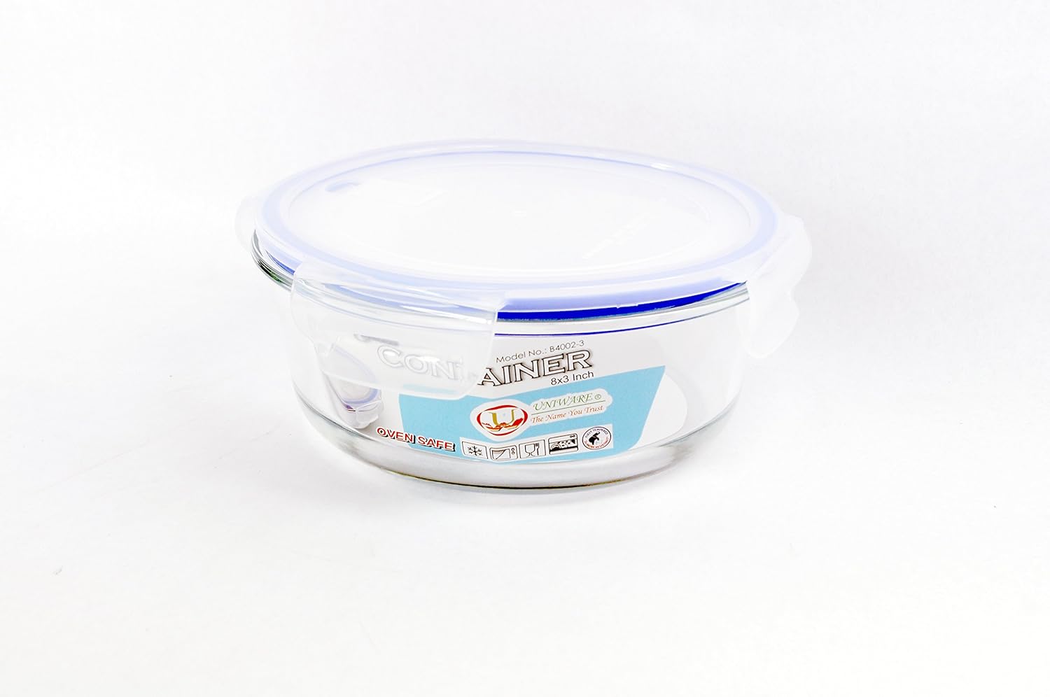 Uniware B4002-1 Recipiente de alimentos de vidrio prémium resistente al calor con tapa de cierre a presión (redondo) (22 onzas), transparente