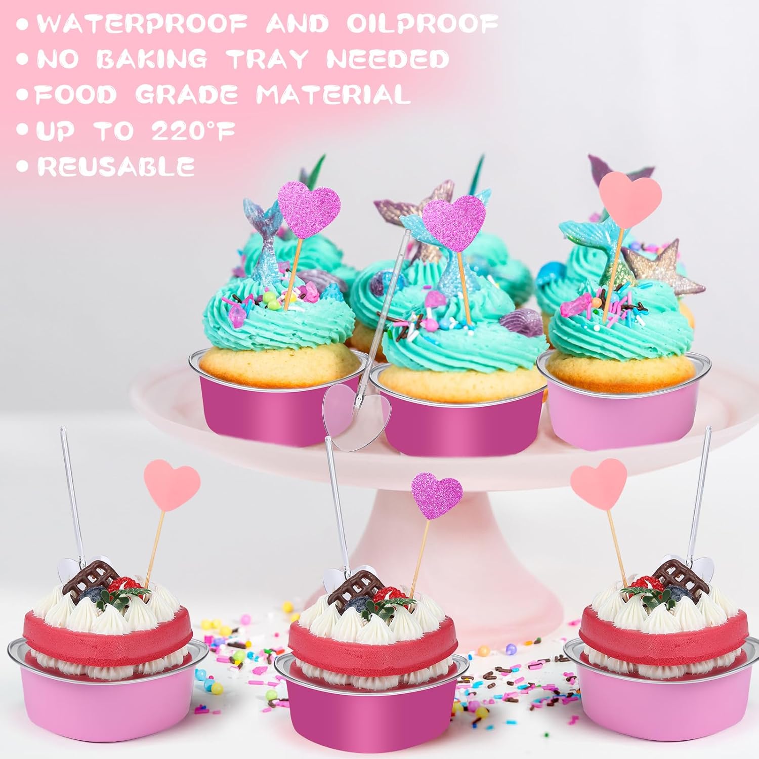 El juego de moldes para tartas de corazón de San Valentín incluye mini moldes de aluminio, cuchara de plástico, decoración de cupcakes, tazas de