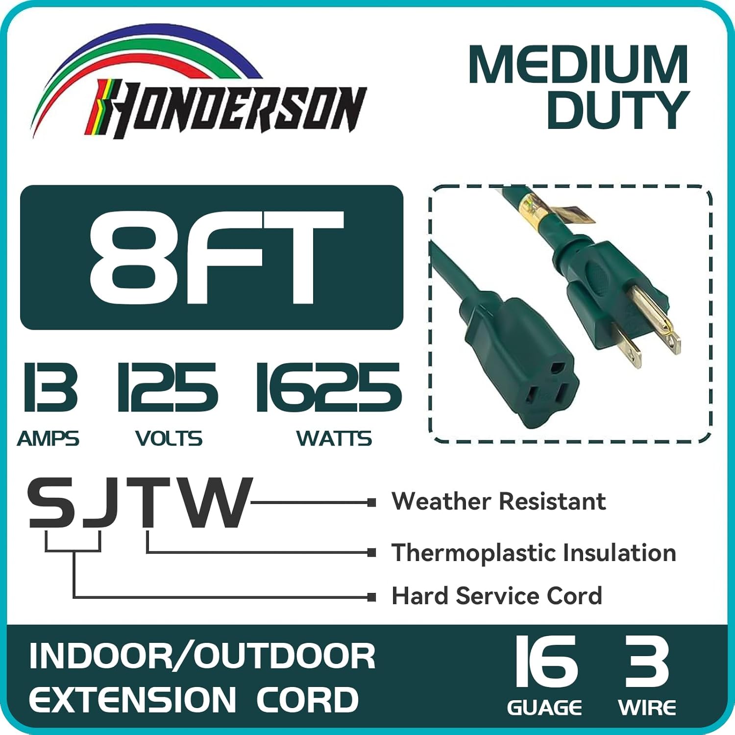 Cable de extensión para exteriores de 8 pies-163 SJTW cable de extensión verde duradero con enchufe de 3 clavijas para mayor seguridad, ideal para