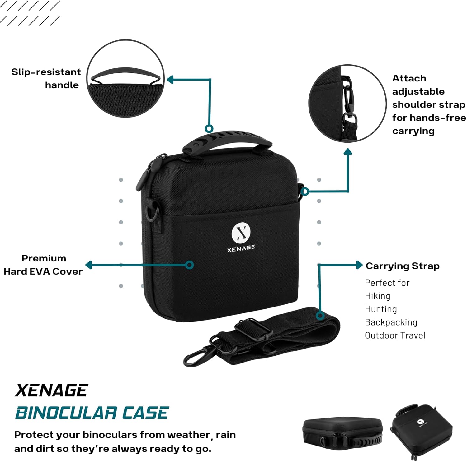 Funda para binoculares con funda rígida de EVA resistente al agua (7 x 7 x 2.5 pulgadas), asa de transporte y correa de transporte para senderismo,