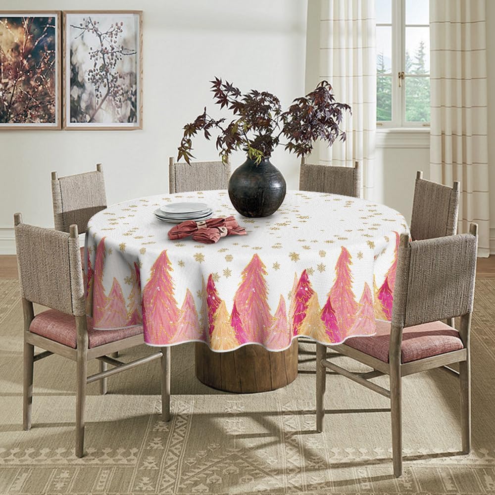 Horaldaily Mantel redondo de Navidad de 70 x 70 pulgadas, diseño de árboles rosados dorados, cubierta de mesa lavable para fiesta, picnic y cena