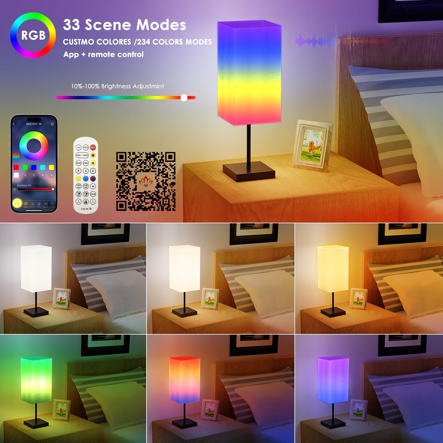 Lámpara inteligente de mesita de noche para dormitorio, decoración de lámpara de mesita de noche, 72 bombillas LED coloridas, control remoto y