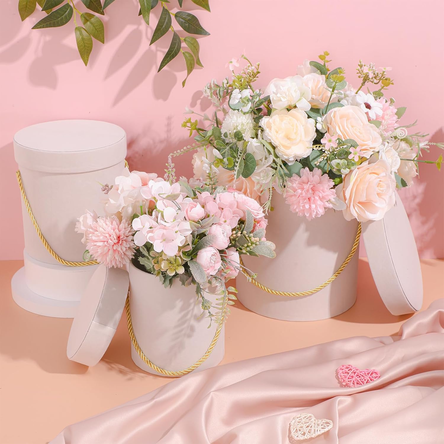 Uiifan 6 cajas redondas de terciopelo con tapas, caja de regalo de terciopelo de San Valentín con asa para arreglos de regalo de flores de lujo,