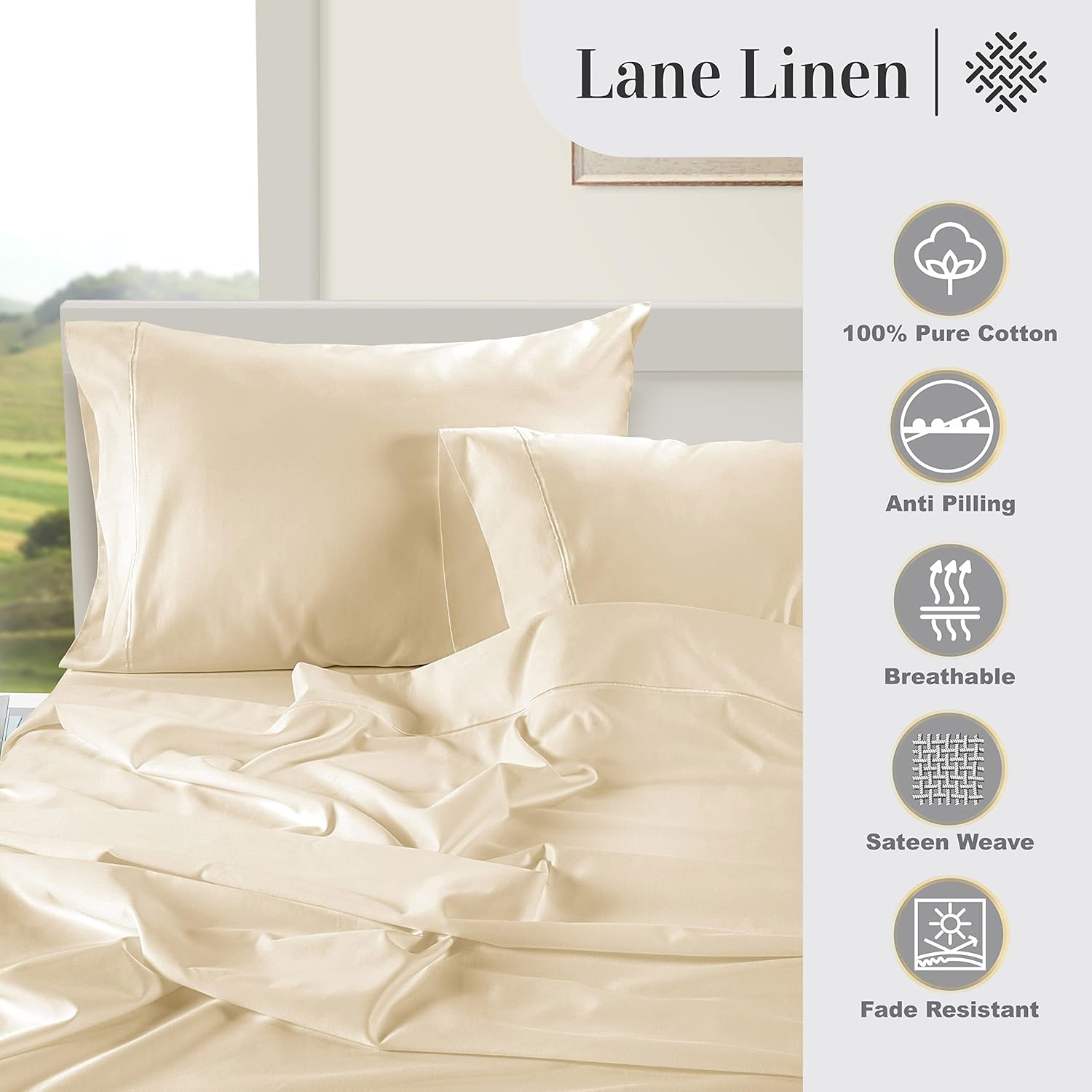 LANE LINEN Juego de 2 fundas de almohada tamaño King, 100% algodón egipcio, satén, suaves, frescas y lisas de 1000 hilos, color marfil