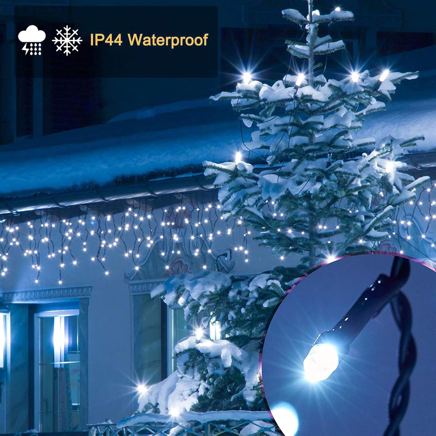Luces de cortina de hadas para jardín, luces de carámbano, 102 LED con batería para exteriores, con mando a distancia y temporizador, cable verde