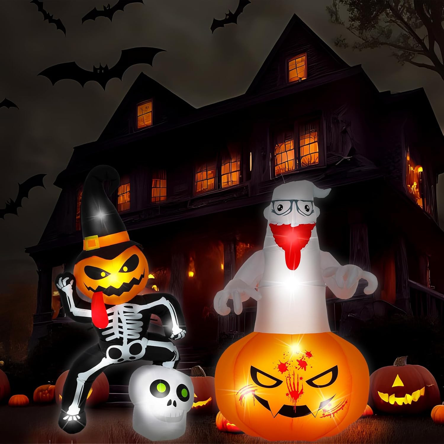 2 piezas inflables de Halloween de 5 pies, decoración de esqueleto de calabaza fantasma, Halloween con luces LED integradas para decoración de