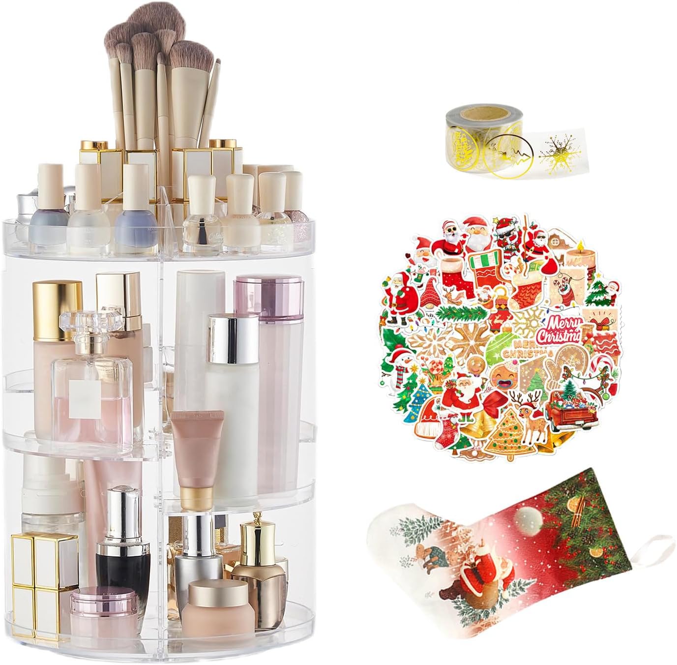 SUNFICON Organizador de maquillaje giratorio con rotación de 360 grados, 50 calcomanías brillantes de Navidad, 500 calcomanías de Navidad doradas