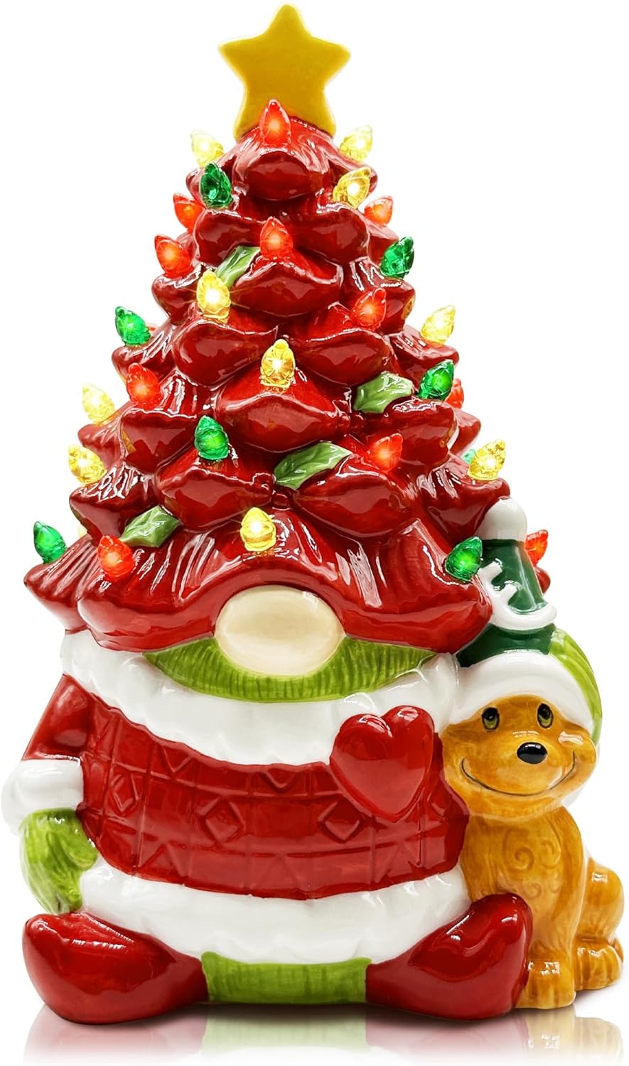 pinata Decoración navideña de gnomo de cerámica, gnomo rojo para mujeres, hombres y niños, árbol de Navidad de cerámica iluminado, decoración de