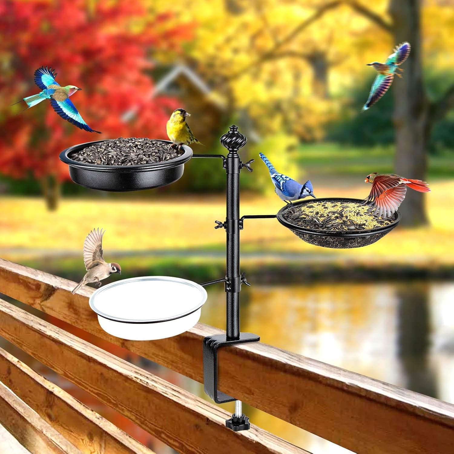 BOLITE Comedero para pájaros de cubierta para barandilla, comedero para pájaros de balcón para exterior, tres bandejas, versión mejorada, color negro